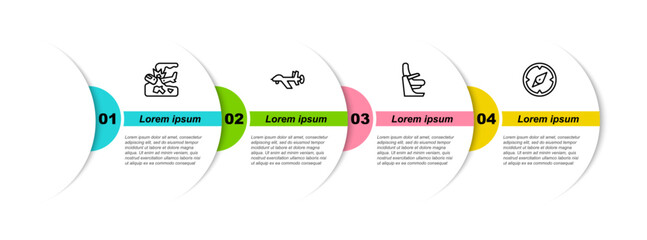 Set line Plane crash, UAV Drone, Airplane seat and Compass. Business infographic template. Vector