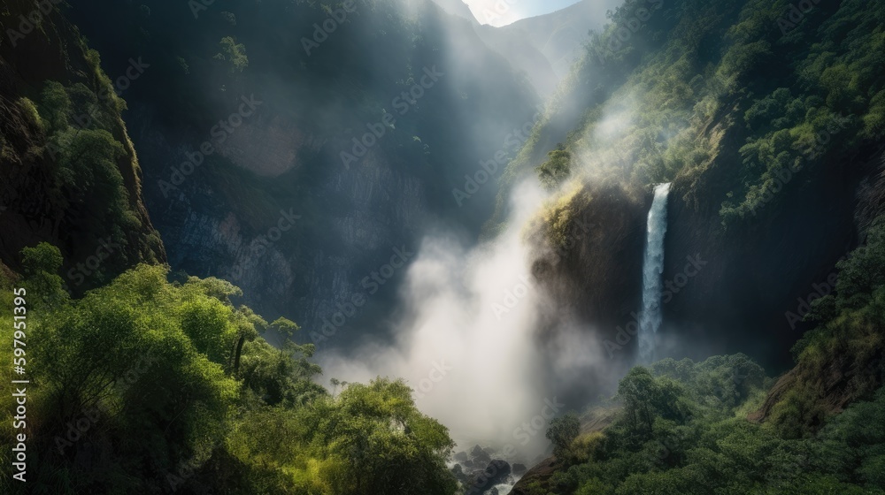 Wall mural a dynamic and energetic view of a powerful waterfall crashing down into a deep canyon, with mist and