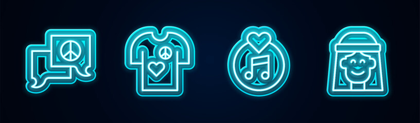 Fototapeta premium Set line Speech bubble chat, Peace t-shirt print stamp, Vinyl disk and Hippie girl. Glowing neon icon. Vector