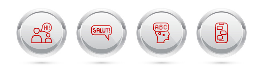 Set line Two sitting men talking, Salut different languages, Learning foreign and New chat messages notification. Silver circle button. Vector