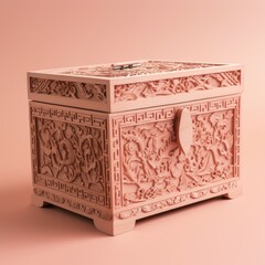 A traditional Korean wooden storage box with intricate carvings isolated on a pale pink background. generative ai
