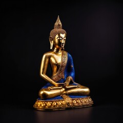 Obraz premium A traditional Thai gold-painted wooden Buddha figurine isolated on a deep blue background. generative ai