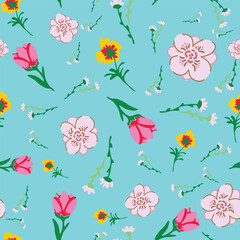 Obraz premium Abstract florals vector repeat pattern on blue background