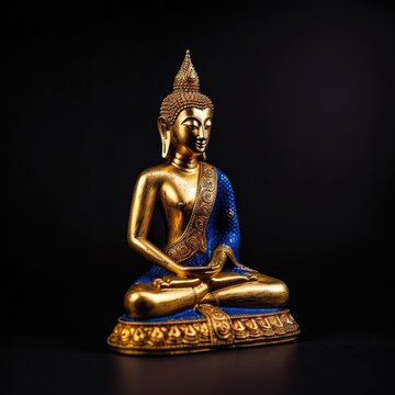 A traditional Thai gold-painted wooden Buddha figurine isolated on a deep blue background.  generative ai