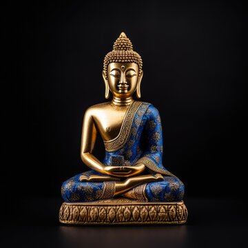 A traditional Thai gold-painted wooden Buddha figurine isolated on a deep blue background.  generative ai