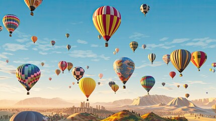 Obraz premium A whimsical and playful view of a colorful hot air balloon festival, dozens of balloons floating gracefully in the sky against a backdrop of a soft blue sky, creating a sense of joy. generative ai