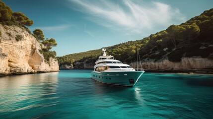 Fototapeta na wymiar An elegant and sophisticated view of a luxurious yacht sailing through crystal clear turquoise waters, with a backdrop of towering cliffs, a soft blue sky, creating a sense of opulence, generative ai