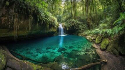An awe-inspiring view of a cascading waterfall plunging into a deep turquoise pool below, surrounded by lush green foliage and towering trees lush and vibrant natural beauty.  generative ai