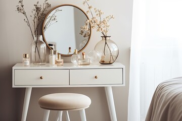 Empty modern, minimal beige dressing table, gold handle drawer storage, twig glass vase, round vanity mirror in cream wall bedroom in sunlight for luxury beauty, generative ai