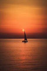 Obraz na płótnie Canvas sailboat, horizon, golden hour, cinematic, album cover, colorful, gloomy generative ai