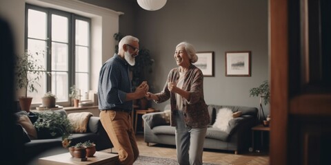 Fototapeta na wymiar Keep moving. Romantic senior family couple wife and husband dancing to music together in living room. Happy life moments. Generative Ai.
