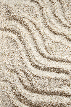 Waves Ornament On Neutral Beige Beach Sand Texture, Aesthetic Minimalist Summer Vacation Background, Copy Space