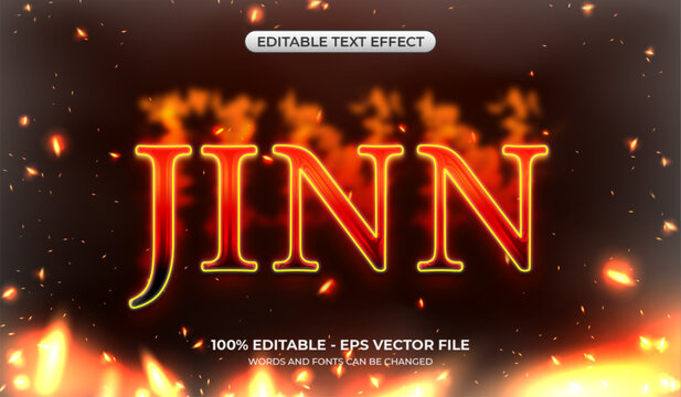 Jinn text effect with flames. Editable burnt font style effect. Realistic fire-style template with flames flying through the air