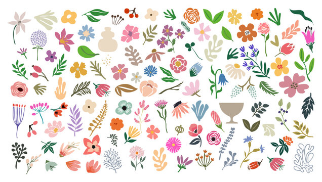 Set of hand drawn floral design elements, abstract shapes. Wild and garden flowers, leaves, algae. Contemporary modern vector art illustrations in trendy danish pastel colors on transparent background