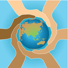 Banner with hands holding a ring around world, variation in skin color. Vector illustration.