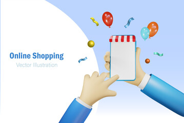 Online shopping and digital marketing, Businessman hand online shopping on smartphone with blank screen.  Template and banner for e commerce, retail business technology and delivery service. 3D vector