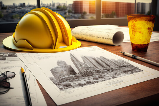 Working desk of a construction engineer. Architectural drawings with modern building on the wooden table. Yellow cask and glass of drink beside. Generative AI.