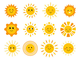 Vector set of funny suns with faces. Cute summer sunshine emoji. Collection of yellow childish sunny emoticons. Smiling baby sun with sunbeams.