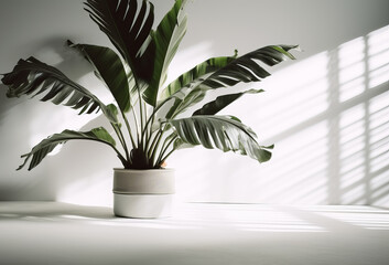 Plants in pot, tropical palm leaves interior decor in sunny room, healthy space. AI generative
