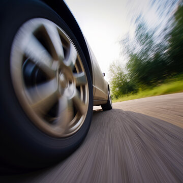 Wheel of a car in motion during the ride. Close up. Vehicle riding by the road at daytime. Generative AI.