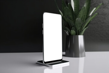 Mobile phone mockup, smartphone with blank white screen standing on stand indoors, minimalism. Generative AI