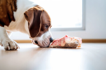 Dog sniffing big chunk of raw meat on kitchen floor.  - obrazy, fototapety, plakaty