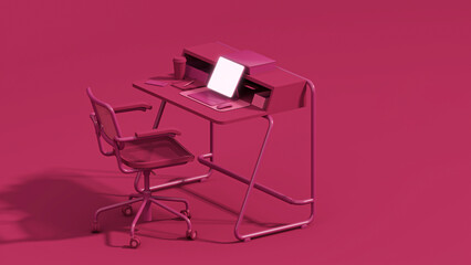 Viva magenta is a trend colour year 2023 workspace, minimal office table desk. Minimal idea concept for study desk, and feminine. Mockup template, 3d rendering	