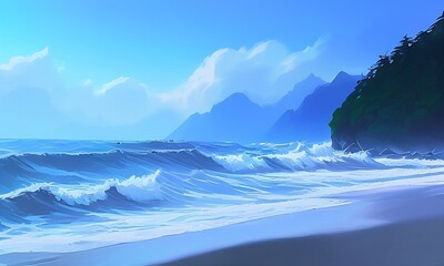 Fototapeta na wymiar Tropical beach landscape with palm trees and rocks on the seashore cartoon illustration