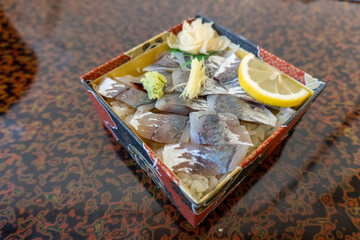 Japanese horse mackerel sushi bento in Shuzenji, Izu