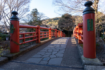 Japanese red bridge named Kaedebashi in Shuzenji, Izu