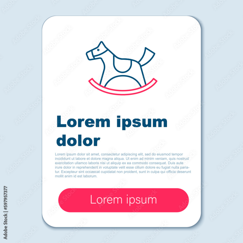 Poster Line Wooden horse in saddle swing for little children icon isolated on grey background. Colorful outline concept. Vector