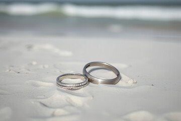Two wedding rings in the sand on the background of a beach and sea. Created with Generative AI Technology