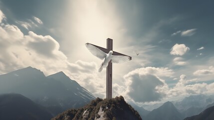 Cross on mountains with white dove