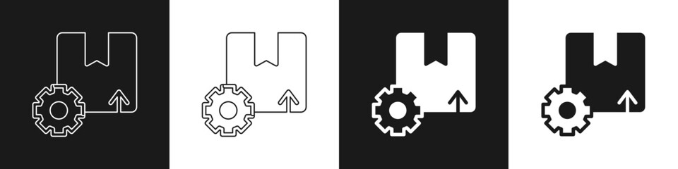 Set Gear wheel with package box icon isolated on black and white background. Box, package, parcel sign. Delivery and packaging. Vector