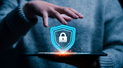 User protecting database information from dangerous of technology and cybernetics on cloud , cyber attack global internet network, technology and security ,safe user of financial transaction security.