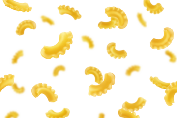 Falling raw Creste di gallo, uncooked Italian Pasta, isolated on white background, selective focus