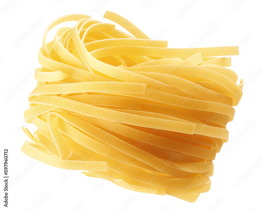 Wall mural raw tagliatelle, tagliolini, fettuccine, uncooked italian pasta, isolated on white background, full 