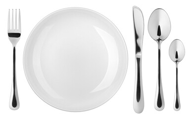 Empty plate, Spoon, fork, knife, white background, isolated, top view