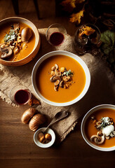 perfect Autumn soup pumpkin and chestnuts, generative ai