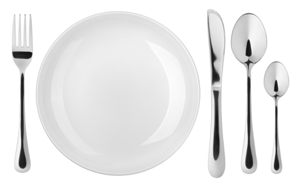 Empty plate, Spoon, fork, knife, white background, isolated, top view