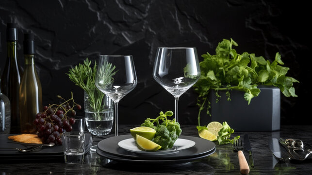 very detailed image of wine glasses utensils modern, generative ai