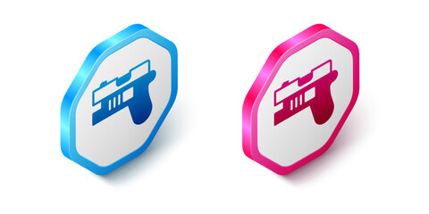 Isometric Futuristic space gun blaster icon isolated on white background. Laser Handgun. Alien Weapon. Hexagon button. Vector