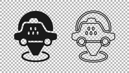 Black Map pointer with taxi car icon isolated on transparent background. Location symbol. Vector