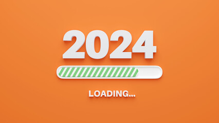 Fototapeta na wymiar 2024 New Year Loading. Features a progress bar on orange background. 3d illustration.