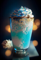 Here light blue slushie in glass sparkly cold whipped cr, generative ai