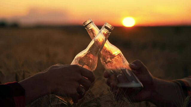 Close up two human hands hold each transparent glass bottle, clink glasses and drink an alcoholic beer drink. Friends or farmers celebrating and relaxing against of wheat field and nature sunset.