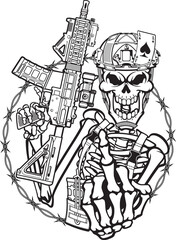 Skeleton soldier shows middle finger wearing military gear and holding assault rifle 