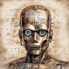 Robot vintage illustration concept. Generative AI