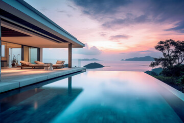 Fototapeta na wymiar Tropical Home Island Villa House With Modern Infinity Swimming Pool At Twilight - Generative AI Image