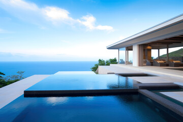 Obraz na płótnie Canvas Tropical Home Island Villa House With Modern Infinity Swimming Pool And Blue Sky - Generative AI Image
